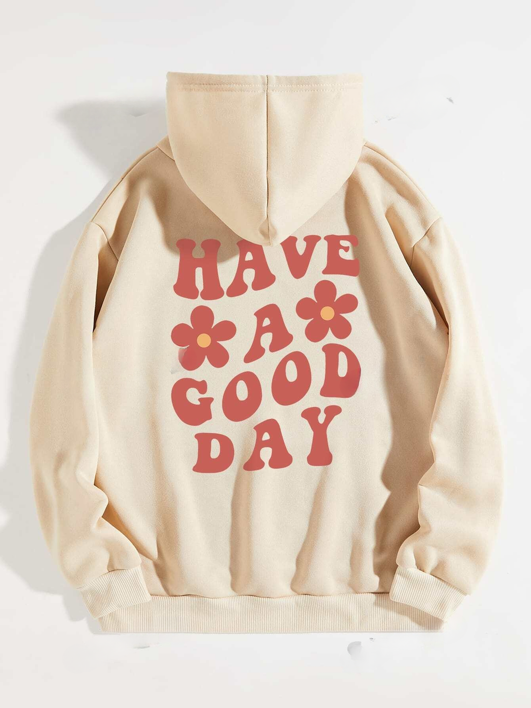 EZwear Slogan & Floral Graphic Hoodie with Drawstring Thermal Lined