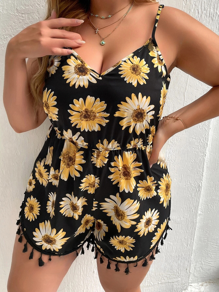 VCAY Boho-Jumpsuit mit Blumenfransen in Übergröße