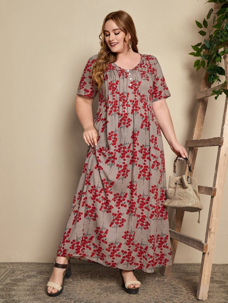 EMERY ROSE Langes Sommerkleid mit Blumenmuster in Übergröße, mit Ärmeln und halben Knöpfen, Maxikleid