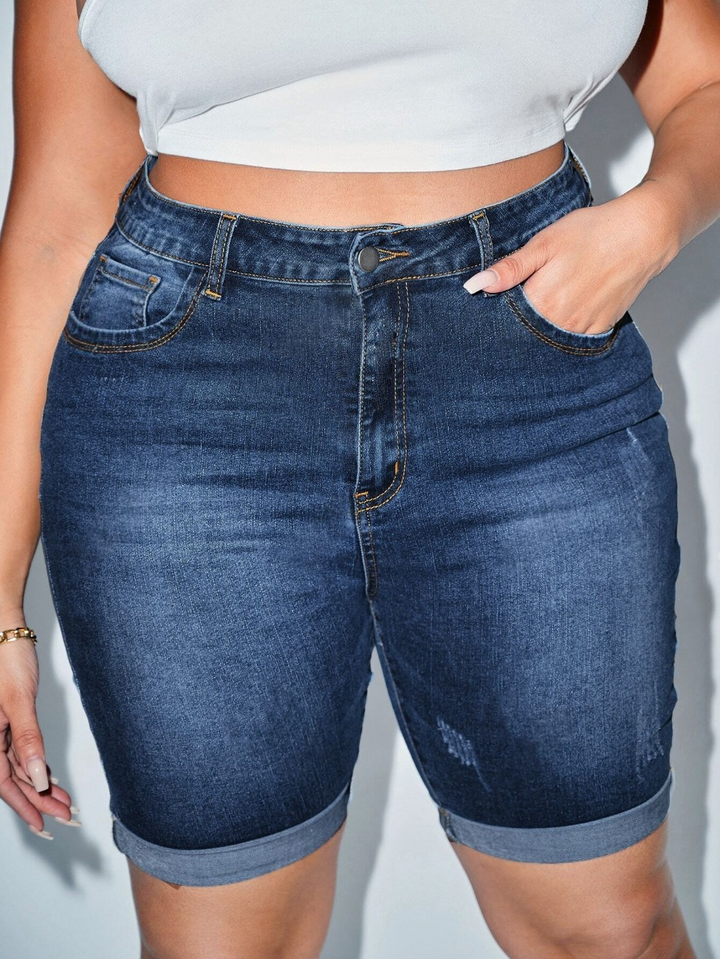 SXY Denim-Shorts mit niedriger Faltung und Waschung