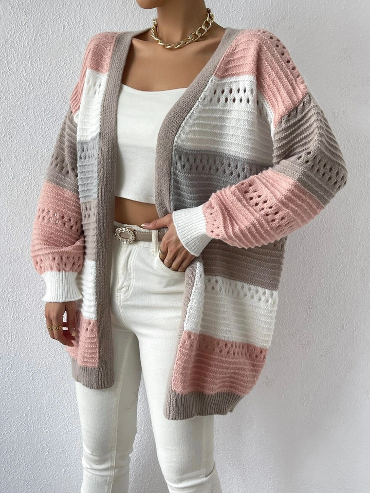 Duster-Cardigan mit Farbblock, Pointelle-Strick mit überschnittenen Schultern