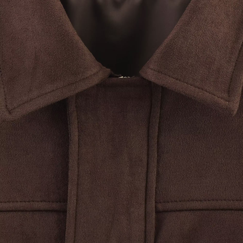 PB&ZA Women 2025 Spring New Chic Fashion Suede Bomber Jacket with Lapel Coat – Vintage Long Sleeve Female Outerwear