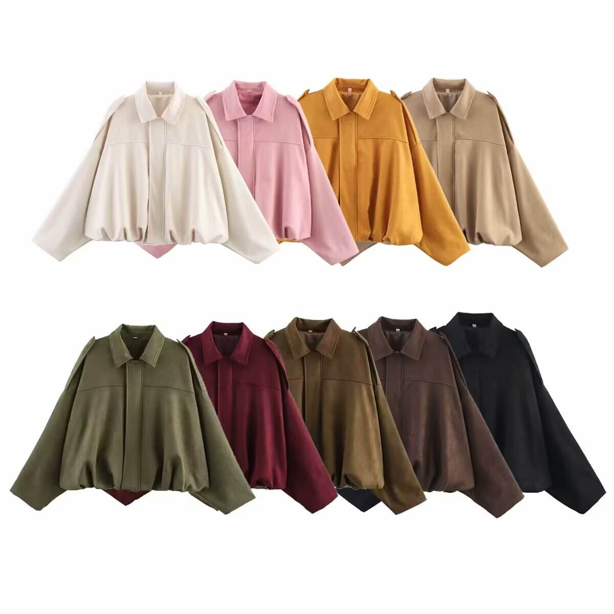 PB&ZA Women 2025 Spring New Chic Fashion Suede Bomber Jacket with Lapel Coat – Vintage Long Sleeve Female Outerwear