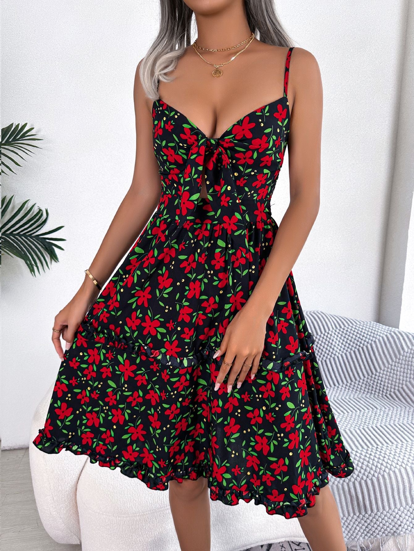 Floral Ruffle Cami Dress with Bow Detail (One Piece)