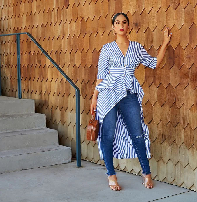 Striped Long and Short Shirts with Asymmetrical Design