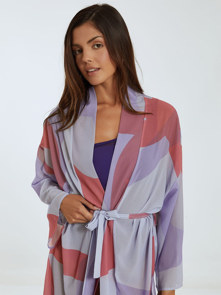 Langer gemusterter Kimono in Flieder