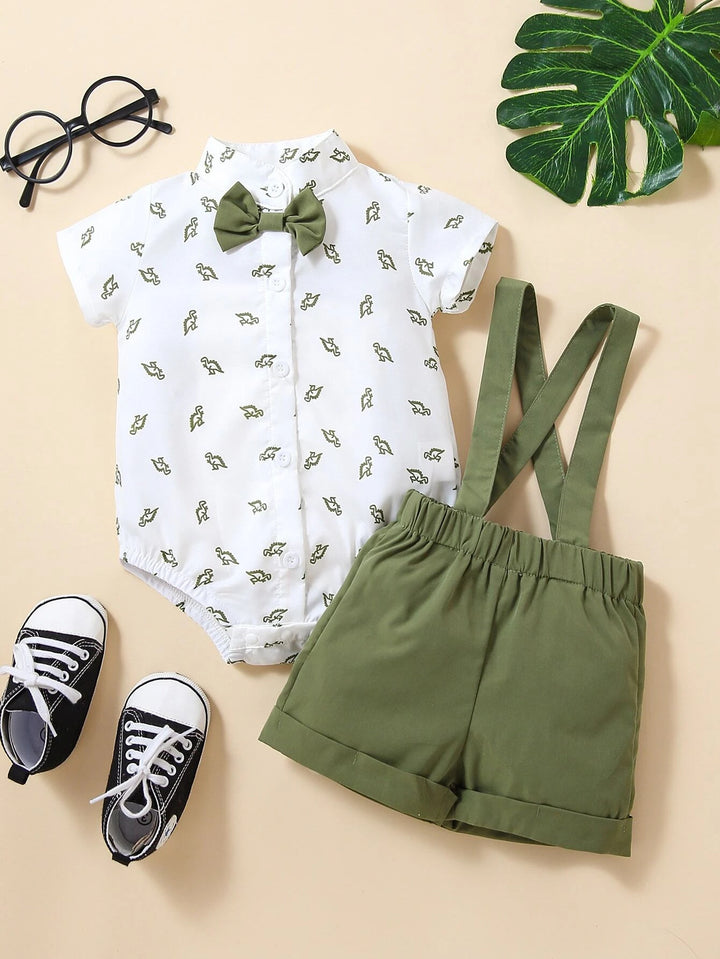 Baby Jungen Hemd-Bodysuit mit Dinosaurier-Print und Schleife vorne & Hosenträger-Shorts