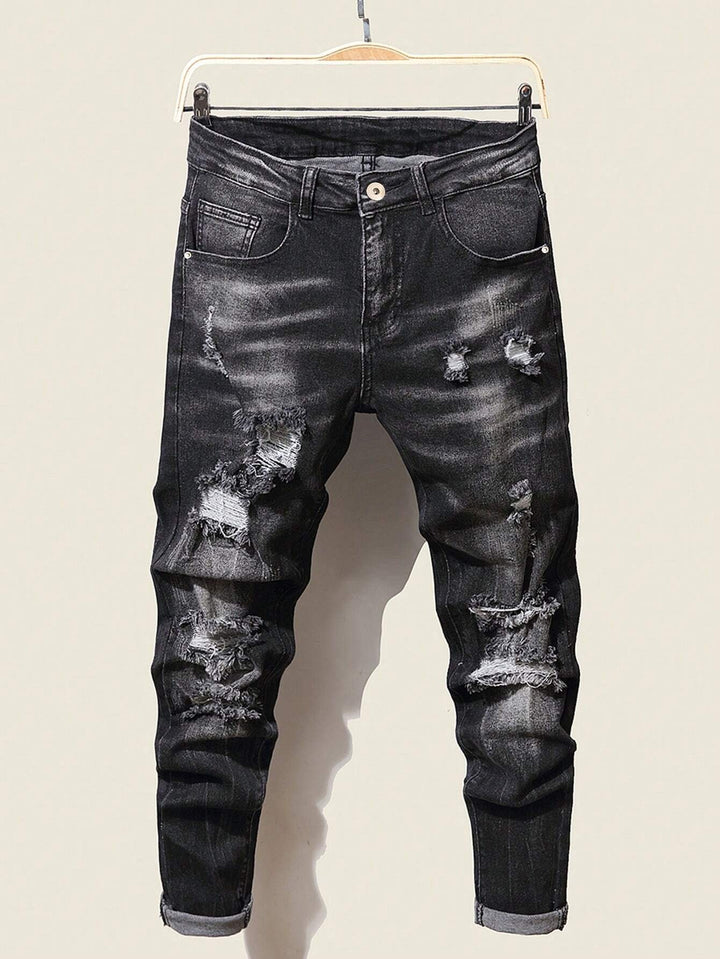 LEGND Herren Jeans mit zerrissener Baumwolle und Cat Whisker-Muster