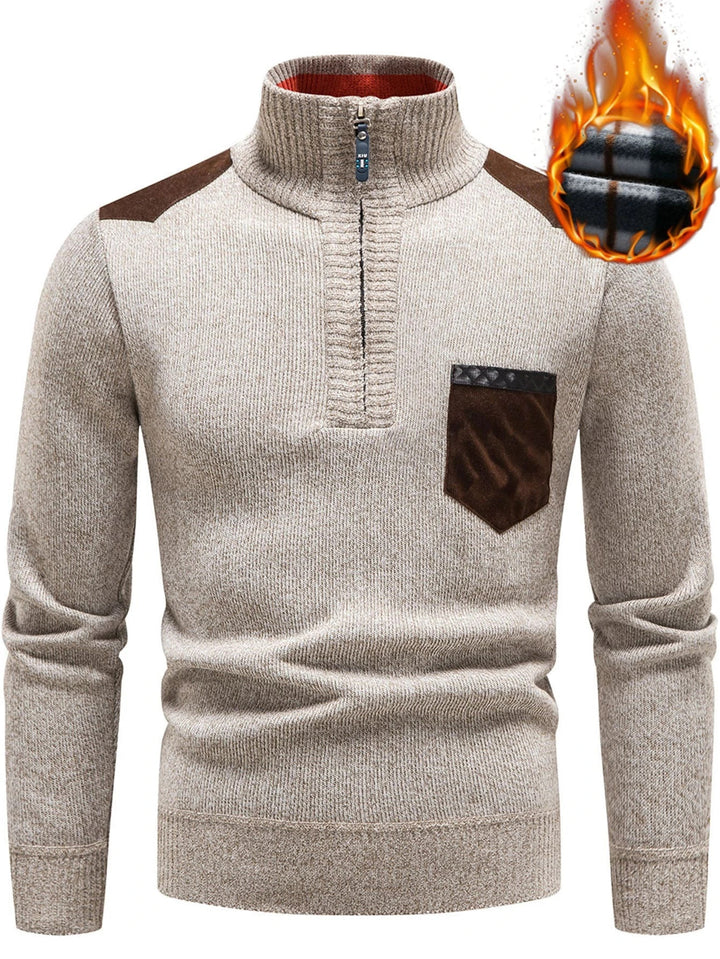 Homme Herren Pullover mit aufgesetzten Taschen und kontrastierendem Viertelreißverschluss