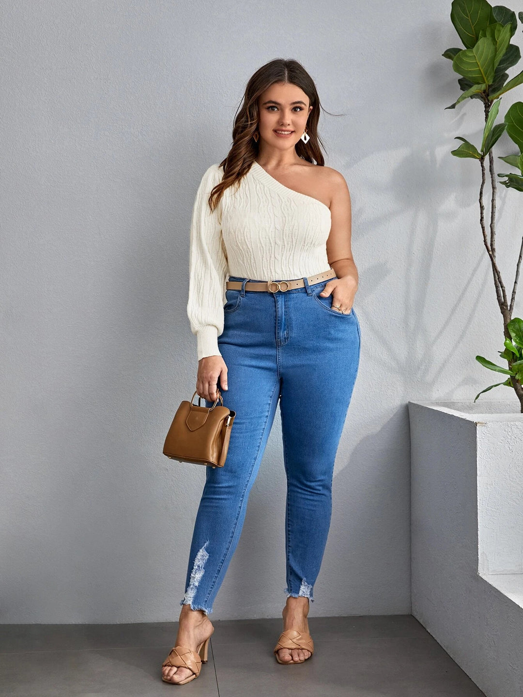 Culotte-Hose aus LeinenEssnce Plus Size One-Shoulder-Pullover mit Zopfmustermischung