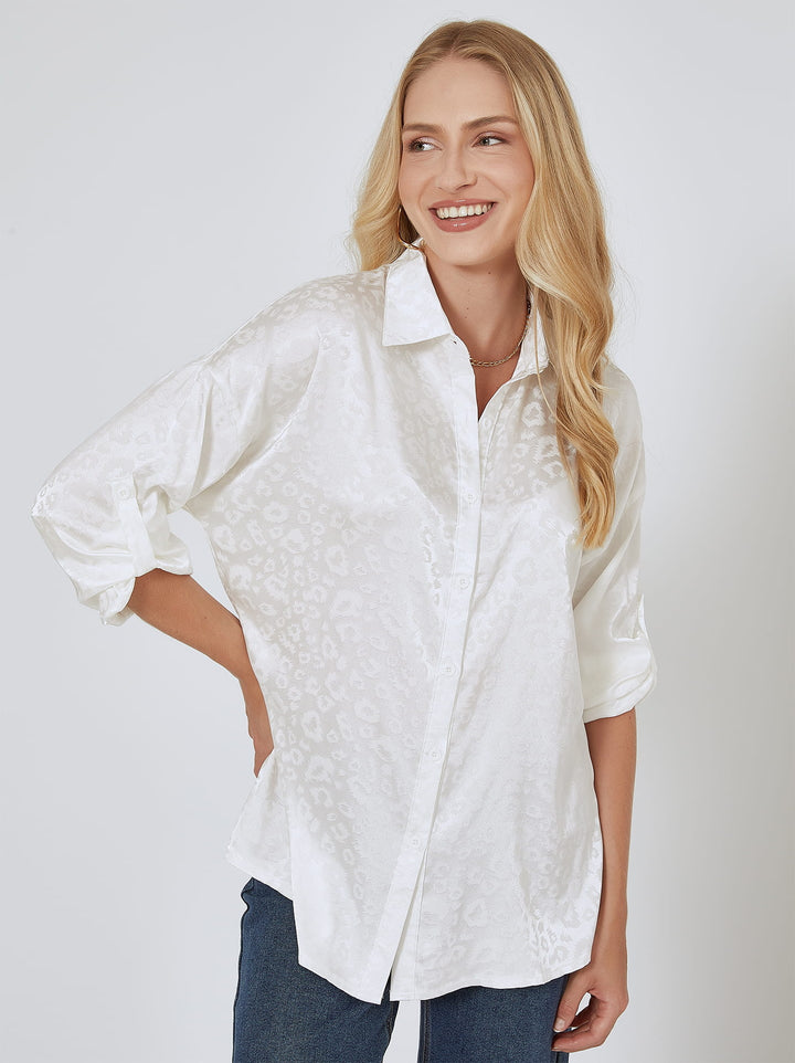 Satin shirt in animal print in white