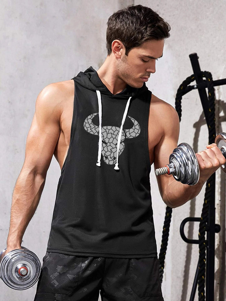 Fitness Herren Sport-Tanktop mit Geo-Vieh-Print und Kordelzug und Kapuze