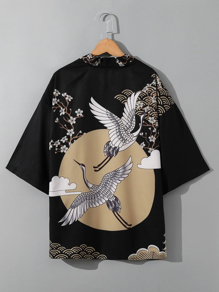 EMRG Herren Kimono mit Blumen- und Kranich-Print ohne T-Shirt