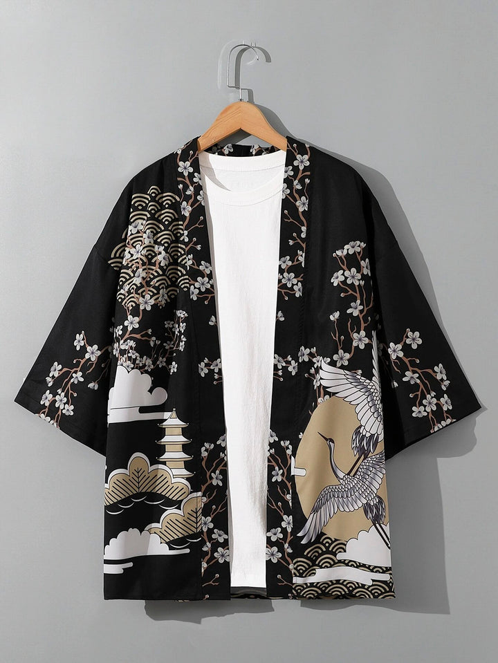 EMRG Herren Kimono mit Blumen- und Kranich-Print ohne T-Shirt