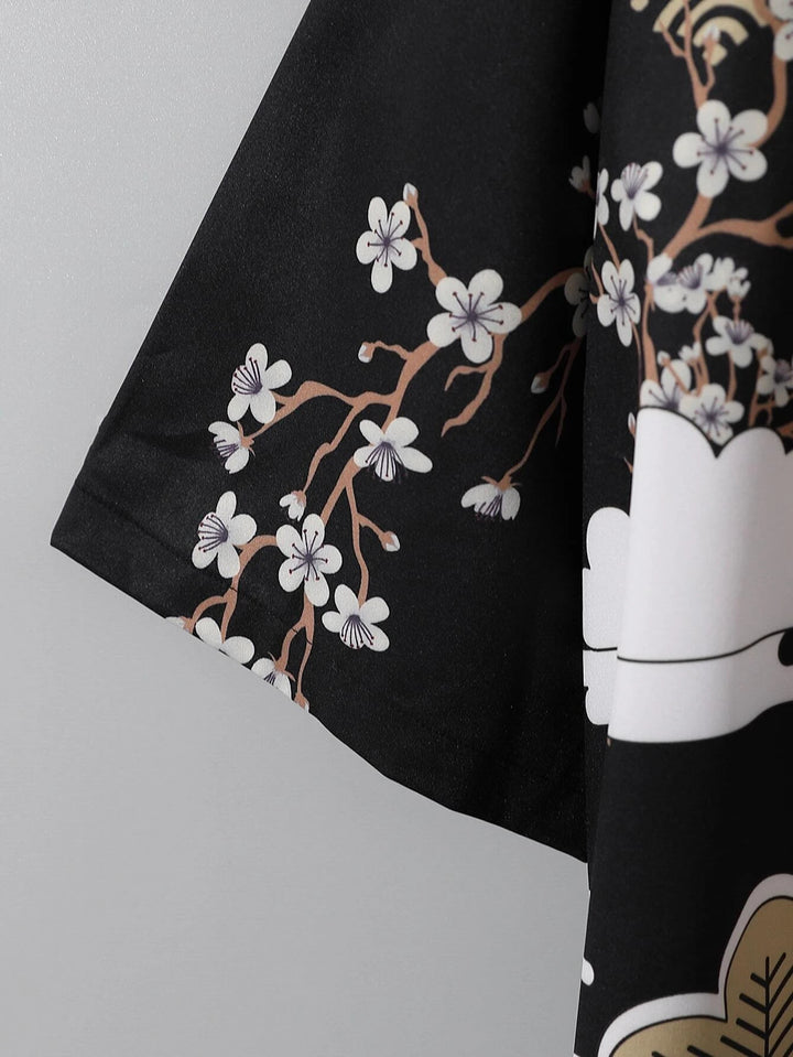 EMRG Herren Kimono mit Blumen- und Kranich-Print ohne T-Shirt