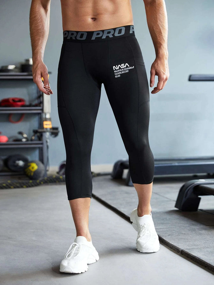 Athleisure Herren Sport-Tights mit Slogan-Grafik und Buchstabenband in der Taille