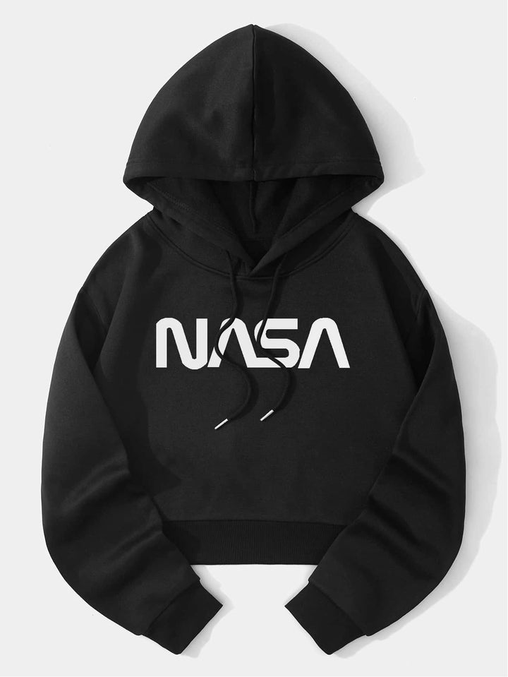 EZwear Kurzer Hoodie mit Buchstabengrafik, überschnittene Schultern und Kordelzug