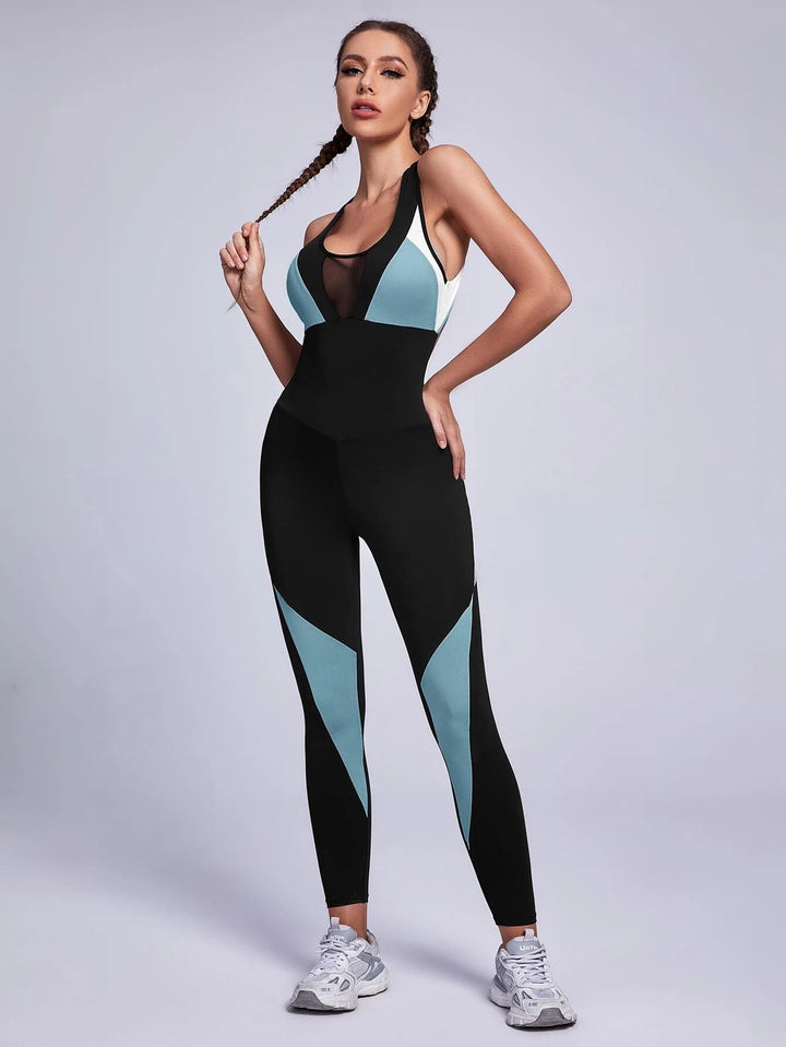 Rückenfreier Sport-Jumpsuit aus Mesh mit Farbblock und Kontrastmuster