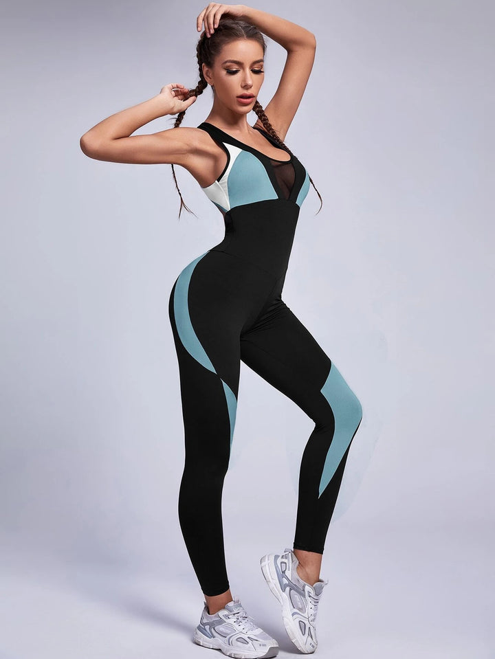 Rückenfreier Sport-Jumpsuit aus Mesh mit Farbblock und Kontrastmuster