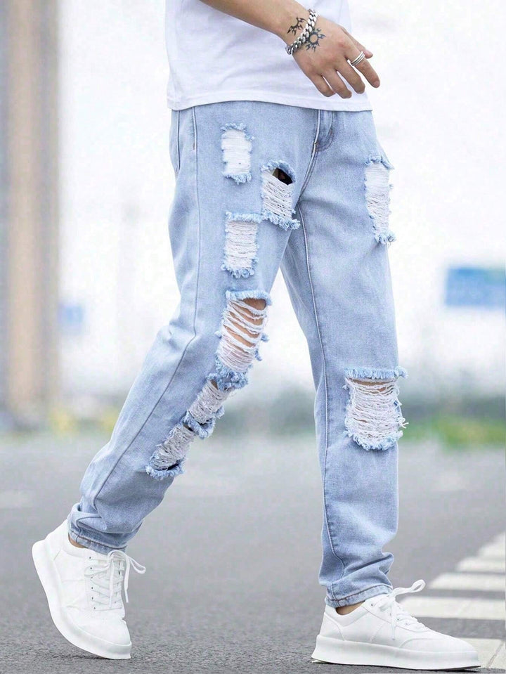 Männer Jeans mit zerrissener, ausgefranster Baumwolle und Cut-Outs