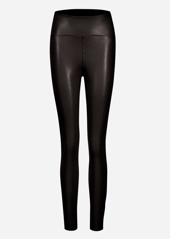 High-Rise Thermo Lederleggings mit breitem Bund - schwarz