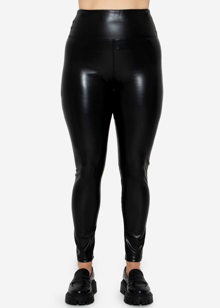 High-Rise Thermo Lederleggings mit breitem Bund - schwarz