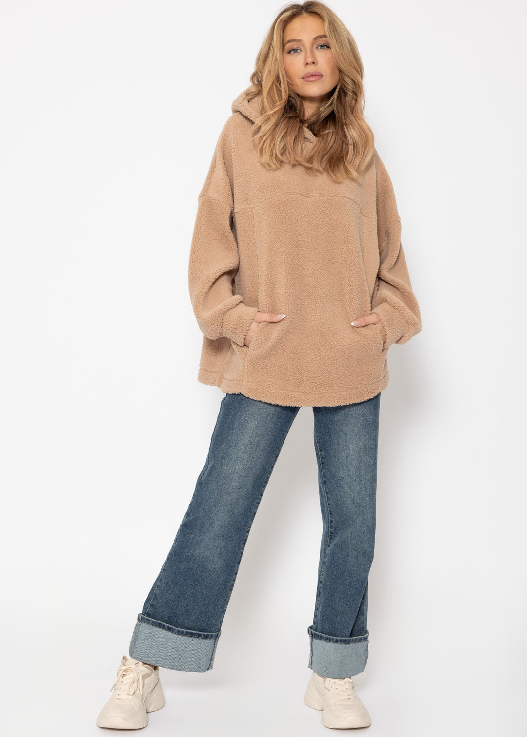 Oversize Teddy Sweatshirt mit Kapuze - beige