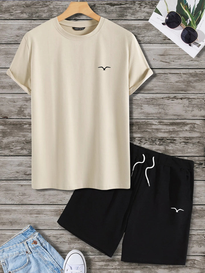 Kurzärmliges T-Shirt mit Vogel-Print und Shorts mit Kordelzug in der Taille für Herren