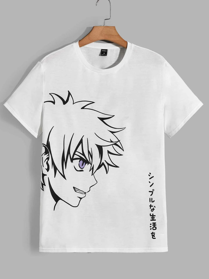 Männer T-Shirt mit japanischem Buchstaben & Figur Anime Grafik