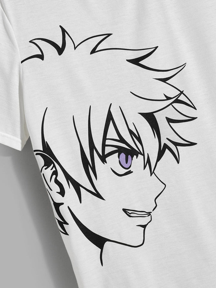 Männer T-Shirt mit japanischem Buchstaben & Figur Anime Grafik