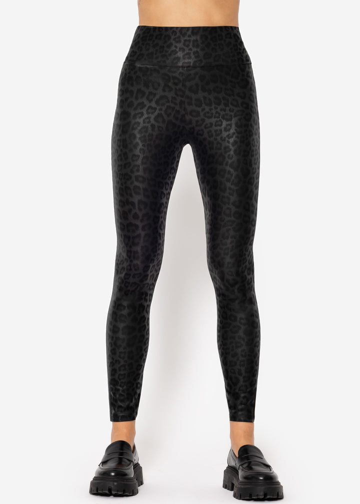 Kunstleder Leggings mit Leo Print - schwarz