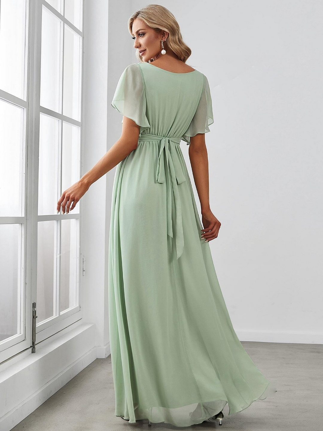 Schmetterlingsärmel, Rückenbindeärmel, gerüschtes Chiffon-Brautjungfernkleid, elegantes Kleid