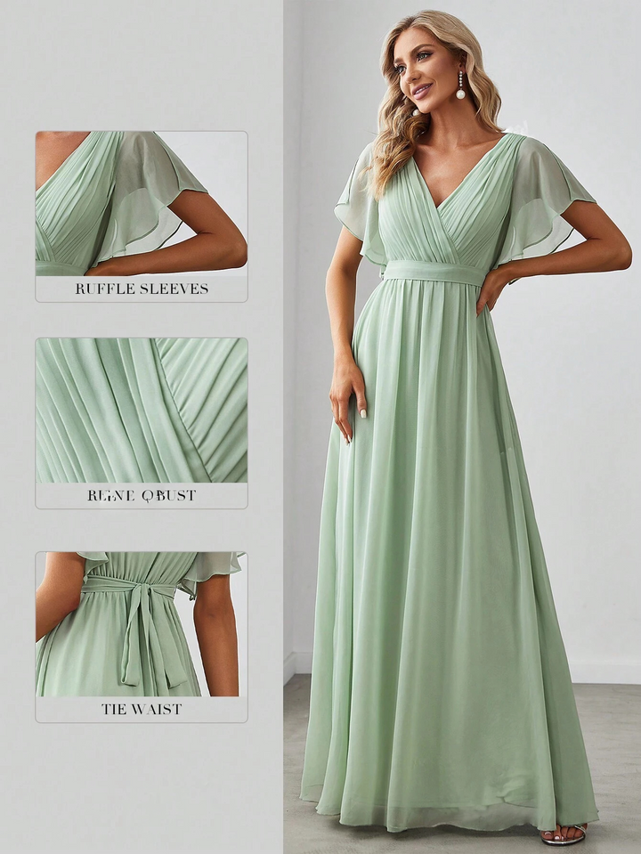 Schmetterlingsärmel, Rückenbindeärmel, gerüschtes Chiffon-Brautjungfernkleid, elegantes Kleid