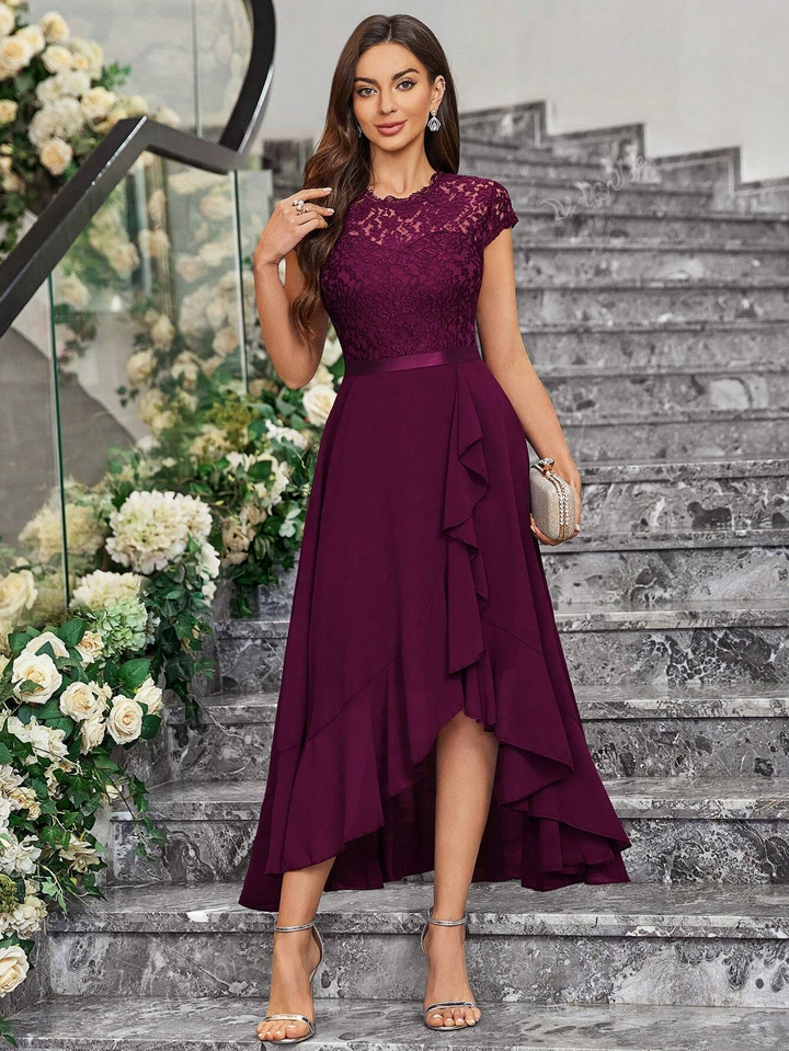 Elegantes Chiffon- und Spitzenrüschen-Abendkleid für die Brautjungfer