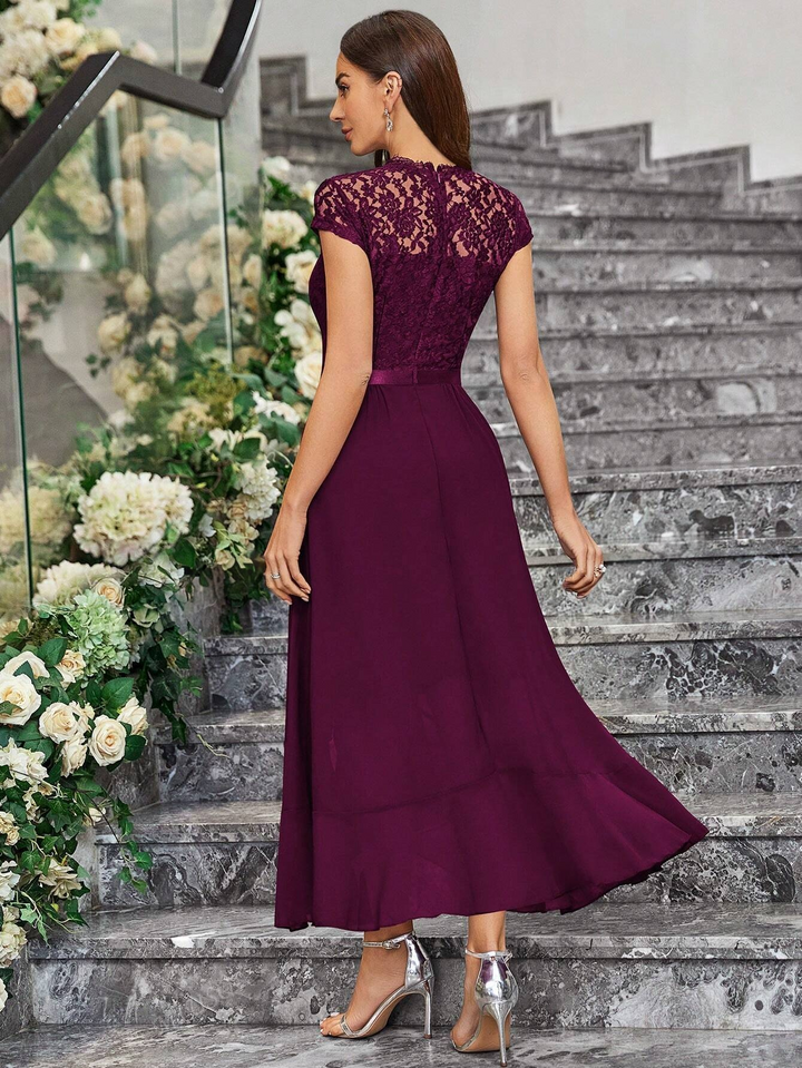 Elegantes Chiffon- und Spitzenrüschen-Abendkleid für die Brautjungfer