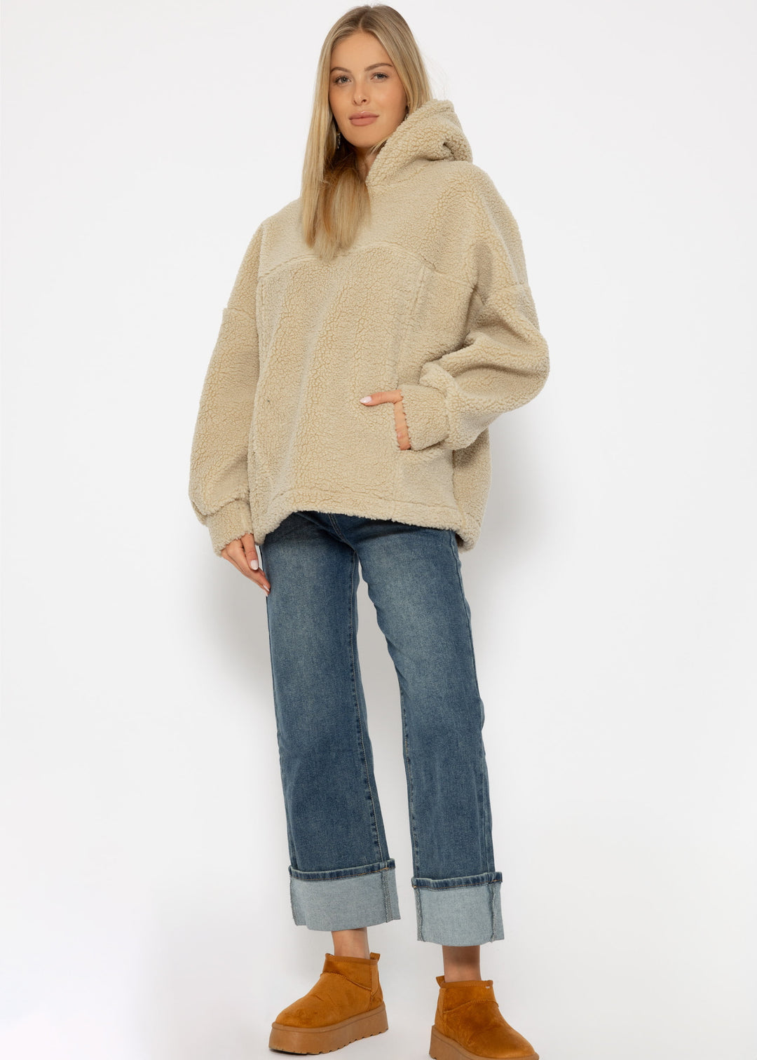 Oversized Teddy Sweatshirt mit Kapuze - hellbeige