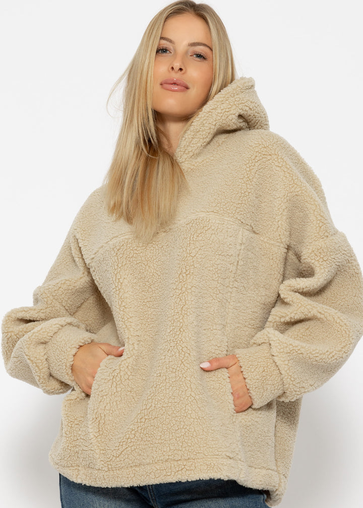 Oversized Teddy Sweatshirt mit Kapuze - hellbeige