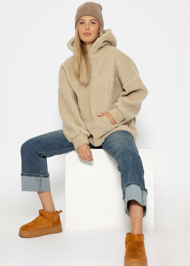 Oversized Teddy Sweatshirt mit Kapuze - hellbeige