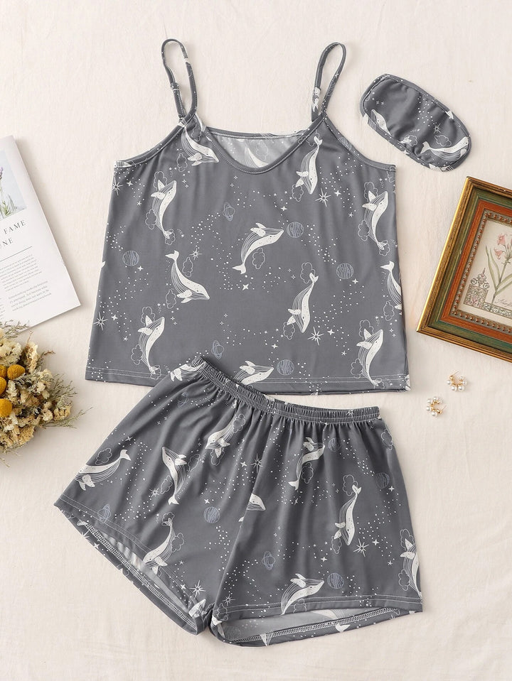 Pyjama-Set mit Cartoon-Delfin-Muster und Augenklappe