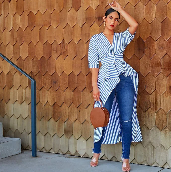 Striped Long and Short Shirts with Asymmetrical Design